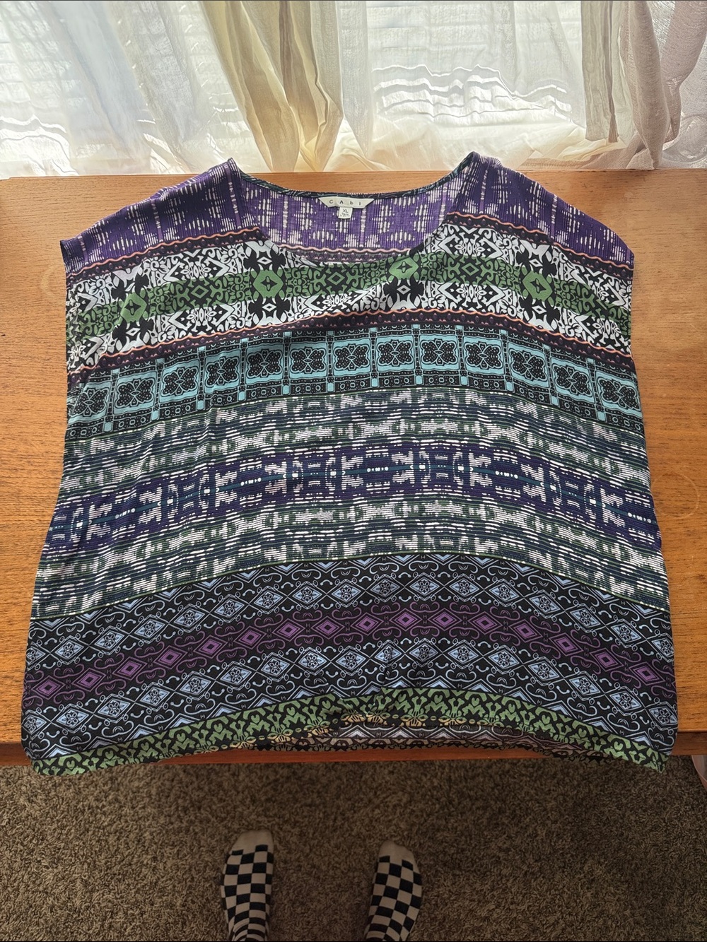 CAbi Purple Patterned Blouse with Black Trim